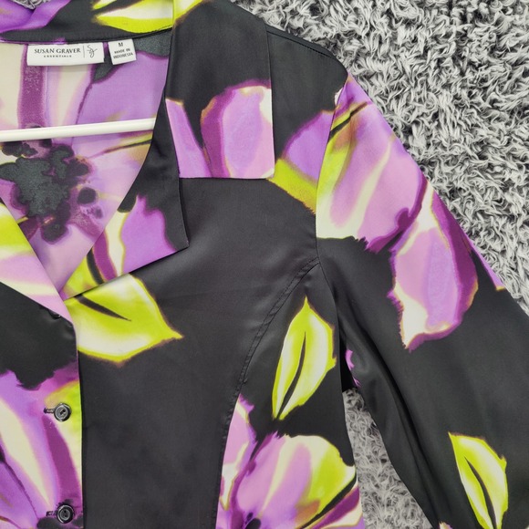 Susan Graver Women Floral Art to Wear Button Down Top M Black Purple 3/4 Sleeve - Picture 10 of 16
